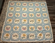 Unique Vintage 85x81 Quilt Featuring Butterfly, Bee, and Flower Design On Blue