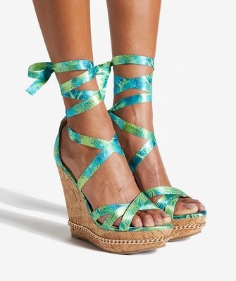 Nox by SHOEDAZZLE, Palm print blue satin 5.25'' cork wedge platform sandal SZ 8