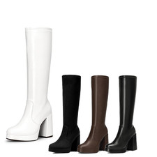 Women Knee High Platform Boots Chunky High Heel Zip Up Gogo Boots