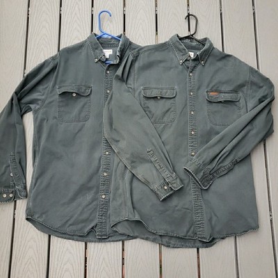 2 Carhartt Work Shirt Mens Large Tall Button Down OD Green Cotton Leather Tab