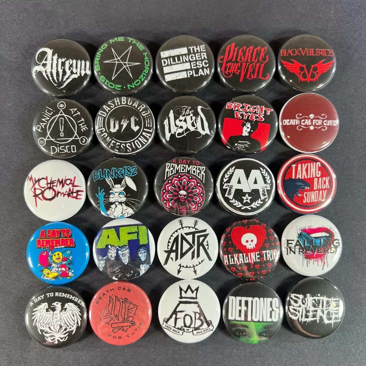 Emo and Pop Punk 1 Button Pin Set Screamo Alternative Rock (25 pins total)