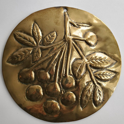 WALL HANGING Cherry Cherries Brass Plaque Art 3D 7.5'' Vintage