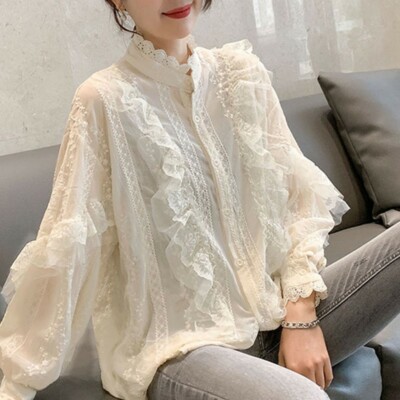 Damen Bestickte Bluse Lang Puffärmel Einfarbig Hemd Spitze Rüsche Knopf Top Work
