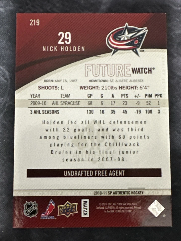 2010-11 SP Authentic Future Watch 219 Nick Holden Columbus Blue Jackets - Image 3 of 3