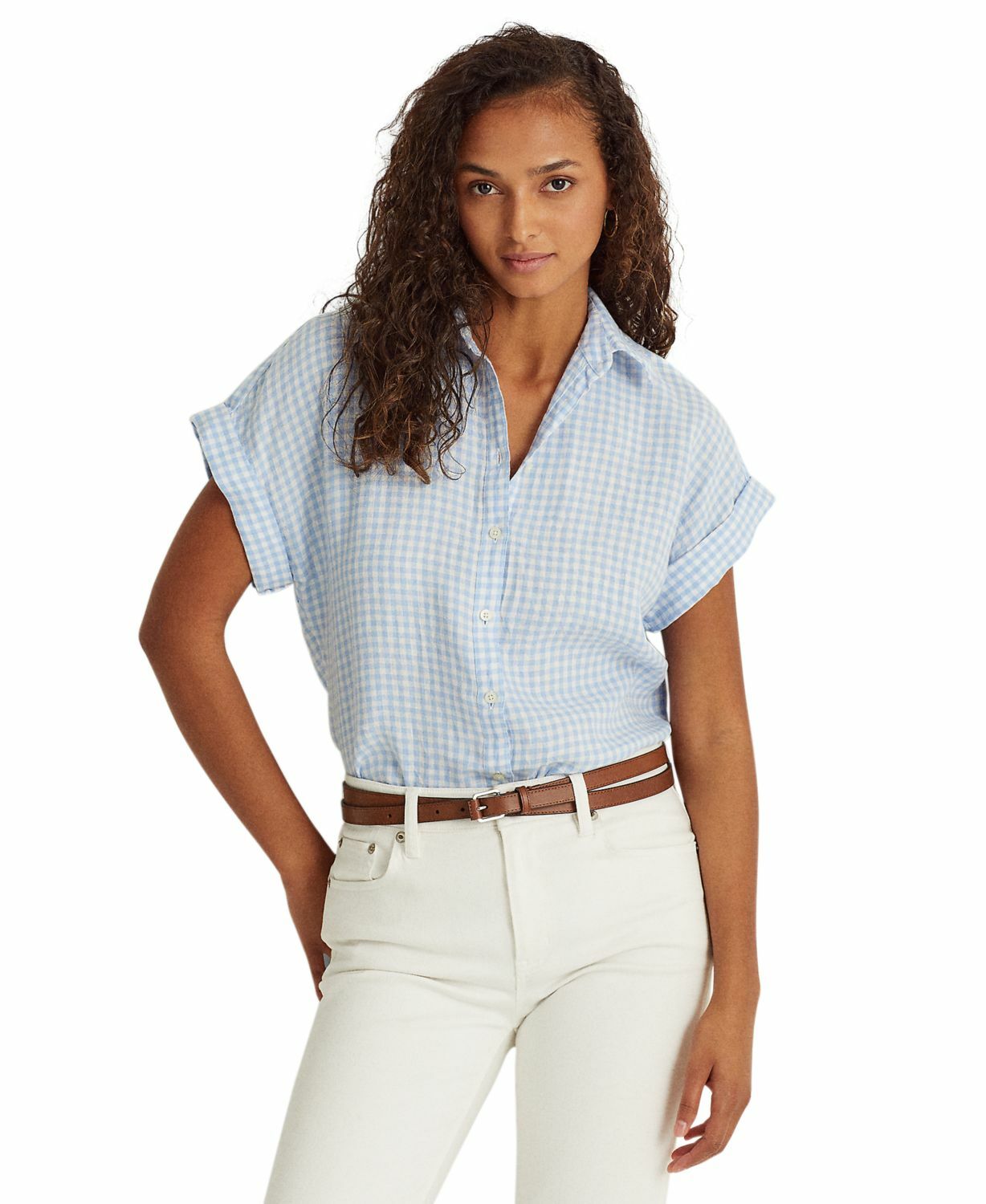 Lauren Ralph Lauren Gingham Linen Point Collar Dolman Sleeve Shirt Blue  Large 195092543389 | eBay