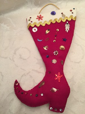 Vintage Felt Sequins Christmas Stocking Complete Red Pink Ish White Two side 12 