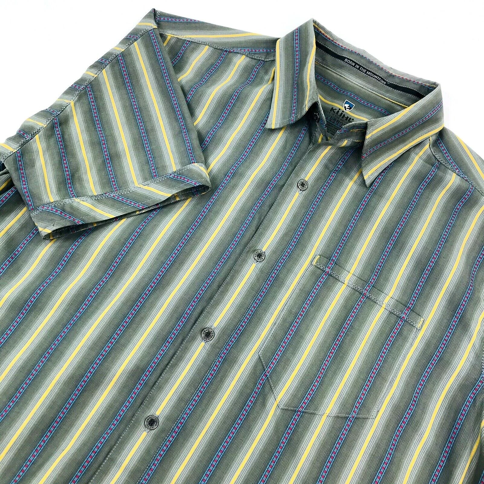 KUHL Shirt Men Large Gray Striped Button Up Short Sleeve Hiking Outdoor