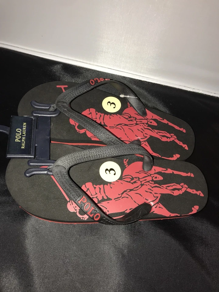 NUEVAS Chanclas Ralph Lauren Logo Negro y Rojo Niños Grandes Talla 2, 3, 4 Nuevas con Etiquetas Foto 4 de 4