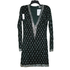 ASOS Women's Long Sleeve Plunge V Neck Green Velvet Beaded Mini Dress 4 B27