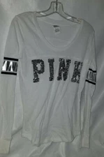 Victoria Secret Pink Women's Long Sleeves WhiteShirt With Silver Sequins  XS
