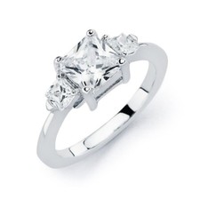 Sterling Silver Engagement CZ Stones Ring w/ 6mm 1.25ct Princess Cut Center CZ