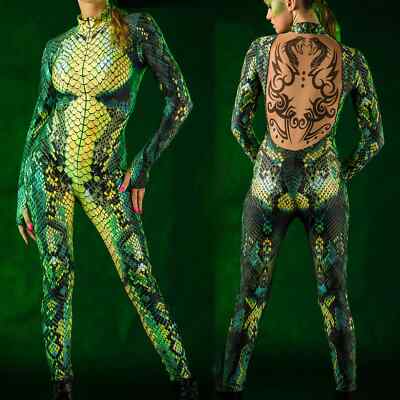 Women Sexy Green Snake Print Jumpsuit Bodysuits Dancer Singer Stage Wear Costume