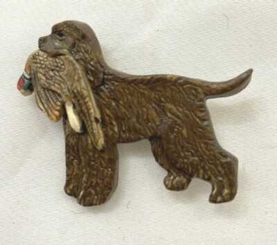Irish Water Spaniel Standing  holding a bird Porcelain Brooch Pin by Gloria Ohrt