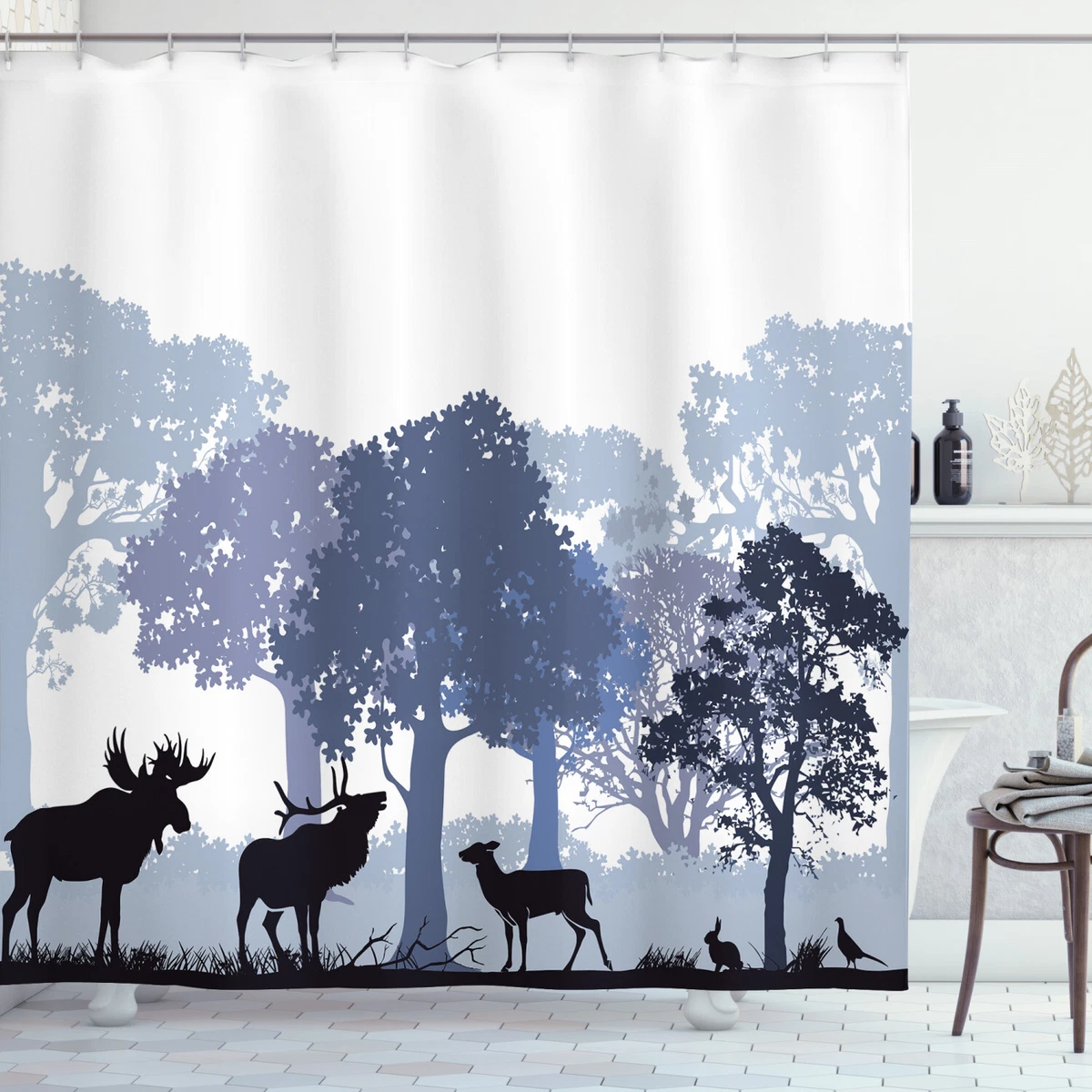 Moose Shower Curtain Gray Wild Forest Animals Print for Bathroom