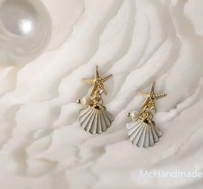 Silver Summer Beach Earrings Pearl Starfish Shell Boho Dangle Drop Gift for Her