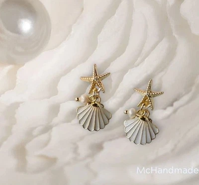 Silver Summer Beach Earrings Pearl Starfish Shell Boho Dangle Drop Gift for Her - Image 1 of 4