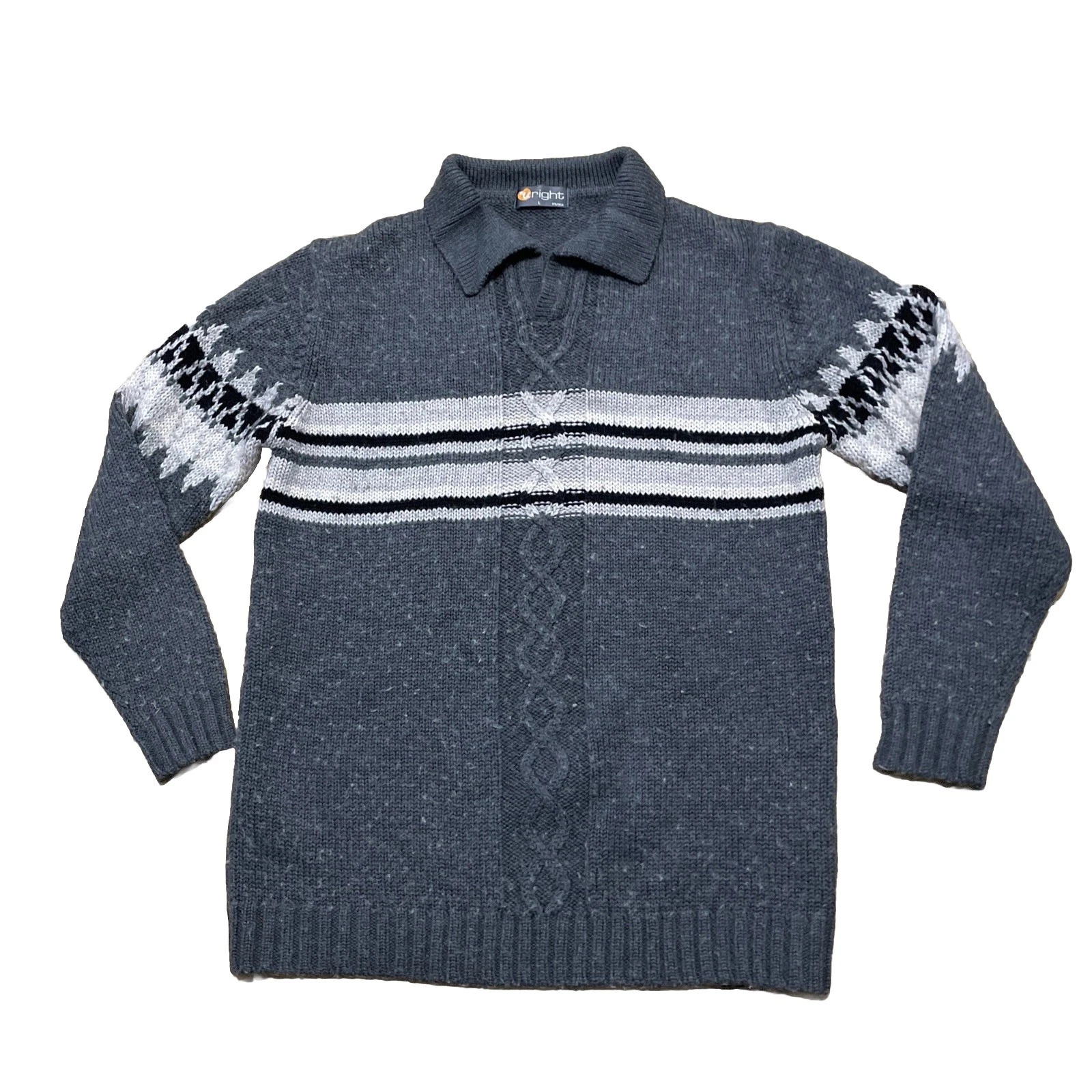 URIGHT Wool Sweater Adult L 175/96A Cable Knit Fair Isle Nordic Fisherman Cowl