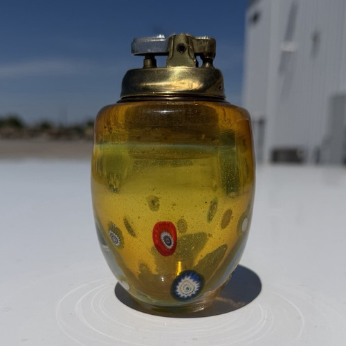 Vintage Murano Millefiori Art Glass Table Lighter Amber Italy Original Label