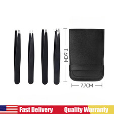 US Tweezers Set 4PCS Professional Black Plucker Stainless Steel With Case