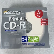 New Sealed Memorex Printable Recordable Blank CD-R, 5 Pack 52x 700MB 80 min CDs