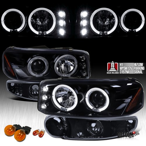 Smoke Fit 1999-2006 GMC Sierra Yukon LED Halo Projector Headlights+Bumper Lamps