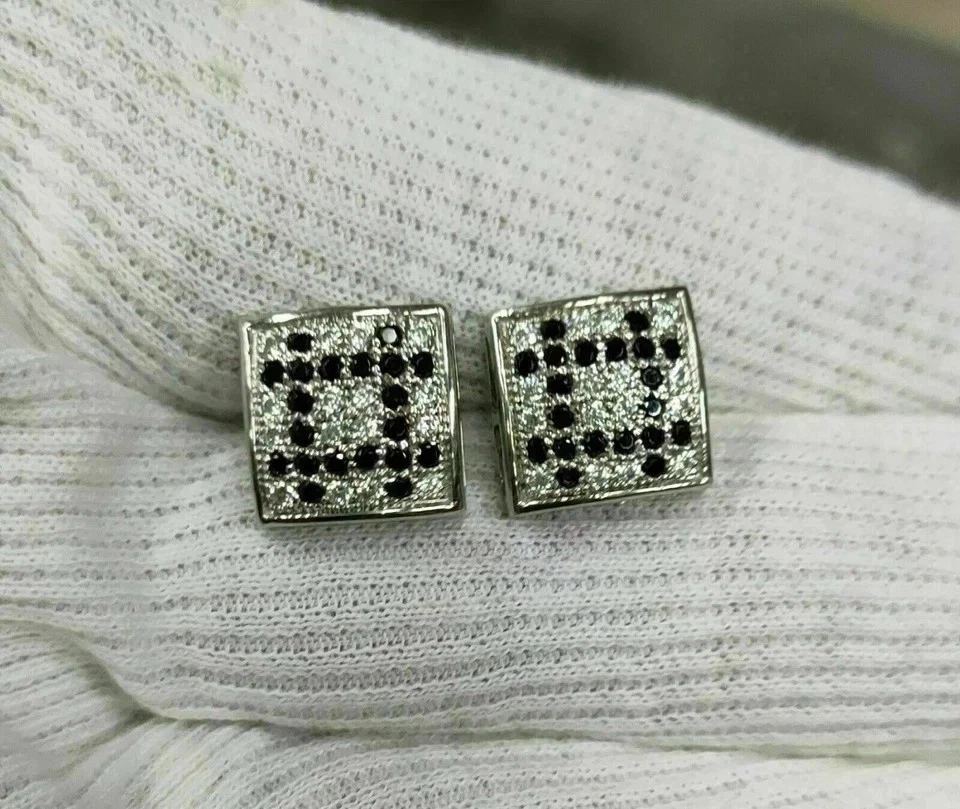 Aretes para hombre enchapados en oro blanco de 14 k de corte redondo negro de 3 quilates creados en laboratorio Foto 4 de 4