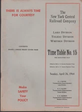 New York Central RR Employee Timetable #15 Lake Toledo Western Division 1964