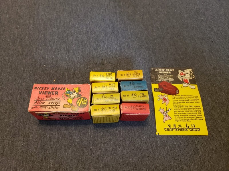 Vintage 1940s Mickey Mouse Viewer- DISNEY Film Strips lot of 8 + Viewer
