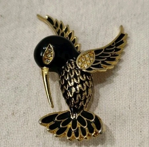 Vintage Hummingbird Pin Black and Gold Sparkly Costume Jewelry Marked 11198