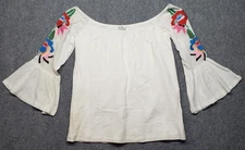 VaVa by Joy Han Blouse Womens Large White Embroidered Bell Sleeve Boho Top Shirt