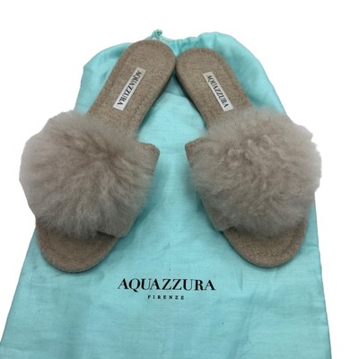 AQUAZZURA Foxy Faux Shearling Pom-Pom Flat Sandals Size 38