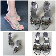 Rene Caovilla 2000S Silver Lilac Garden Jewelry Leather Sandal Heels Size US 7