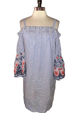 JESSICA HOWARD Size 16 Shift Dress Blue White Stripes Embroidered Flowers