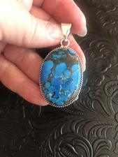 Large Blue Cloud Mountain Turquoise Oval Pendant 2” Rope Bezel Artisan Southwest