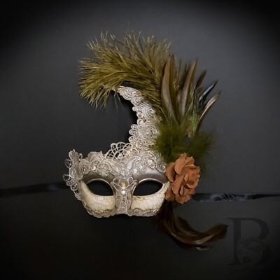 Masquerade party masks with ivory feather (silver lining) Mask