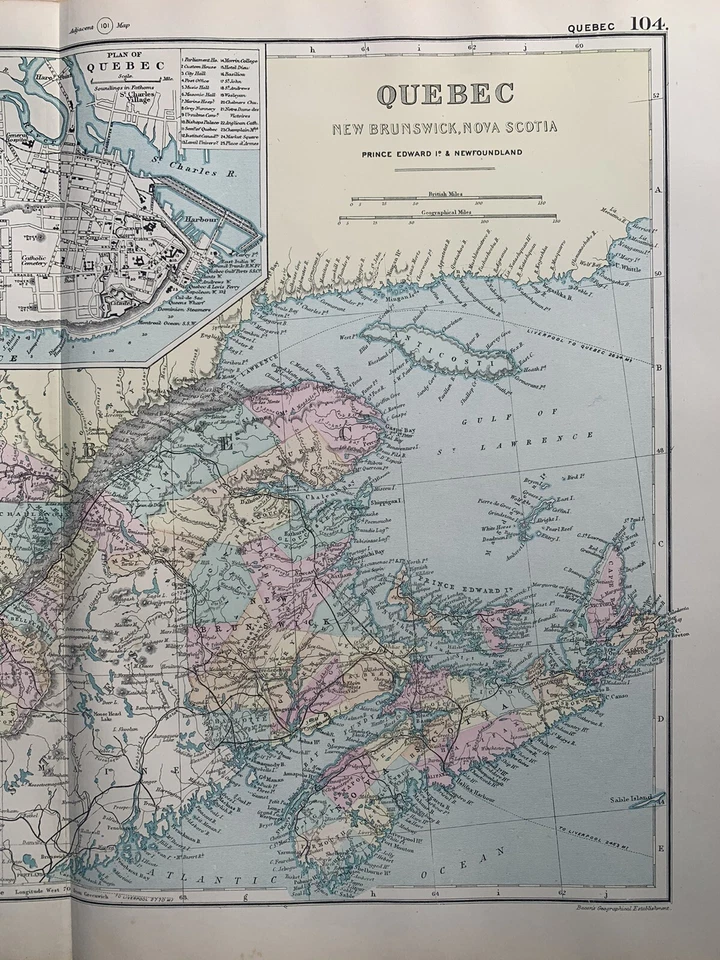 Оригинальная антикварная карта Квебека 1891 г. раскрашенная вручную от G.W. Бекон - Изображение 3 из 4