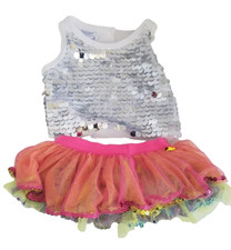 Build-A-Bear Workshop BAB Tulle Skirt Rainbow Reversible White Sequence Shirt