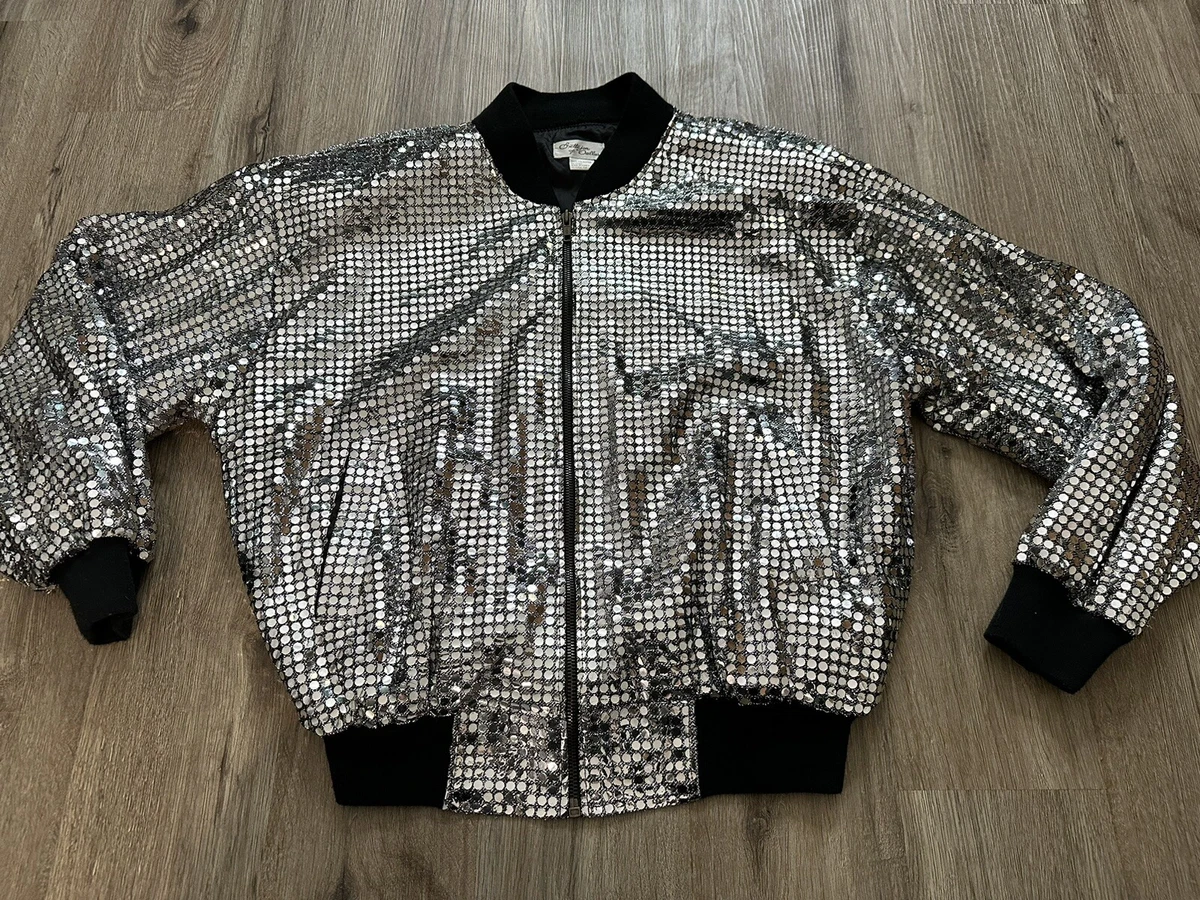 Vintage 1980’s Bettejon Of Dallas Silver Disco Ball Zip Up Bomber Jacket