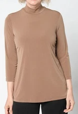 Susan Graver Size 1X Mocha Solid Liquid Knit Mock Neck Top