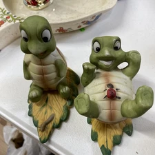 Vintage Pair of Homeco Turtle Figurines Sitting on a Leaf