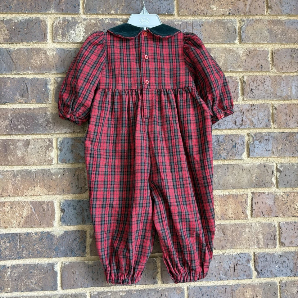 Vintage Class Club Smocked Red Green Tartan Plaid Bubble Romper Size 12M - Image 2 of 4