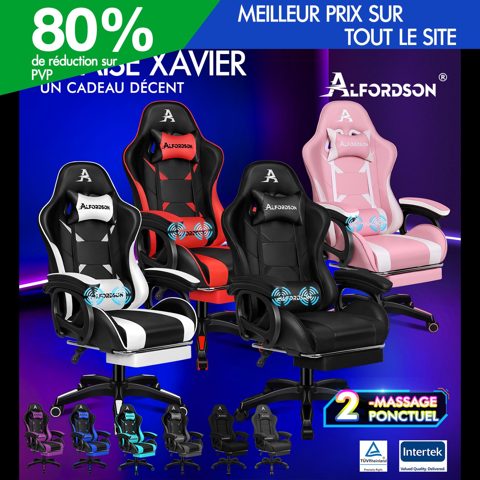 Chaise gaming de massage ALFORDSON en similicuir haut de gamme et dossier inclinable
