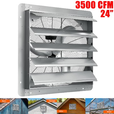 24 Inch Wall Mounted Shutter Exhaust Fan Aluminum 1500 RPM 3500 CFM Silver