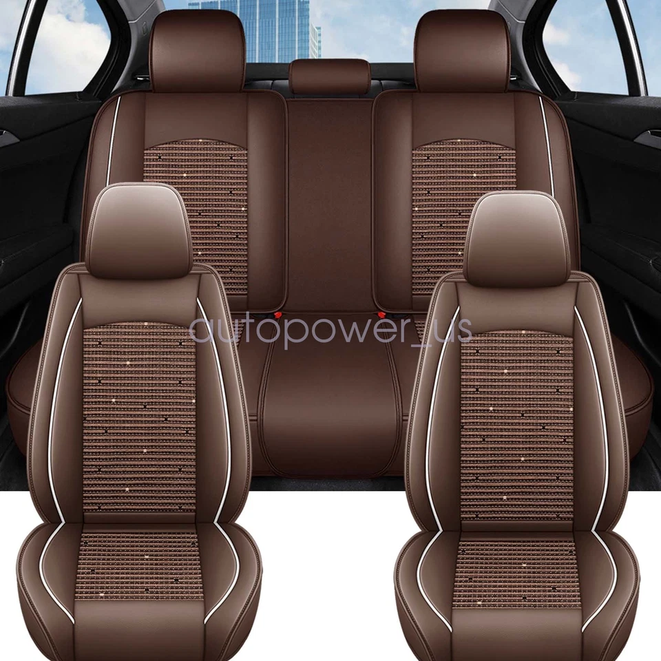 Fits Nissan Car 5-Seat Ice Silk & Leather Cover Front & Rear Protector Brown New - Imagem 2 de 4