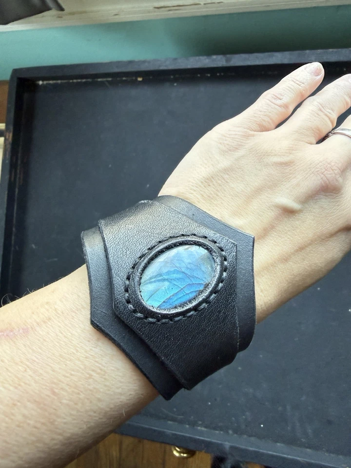 Leather Cuff Bracelet Labradorite Stone Big Cuff Bracelet Cosplay Jewel Handmade - Image 3 of 4