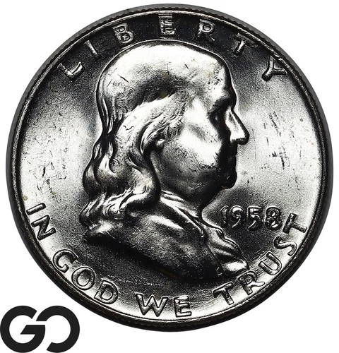 1958-D Franklin Half Dollar, Blast White, Gem BU++