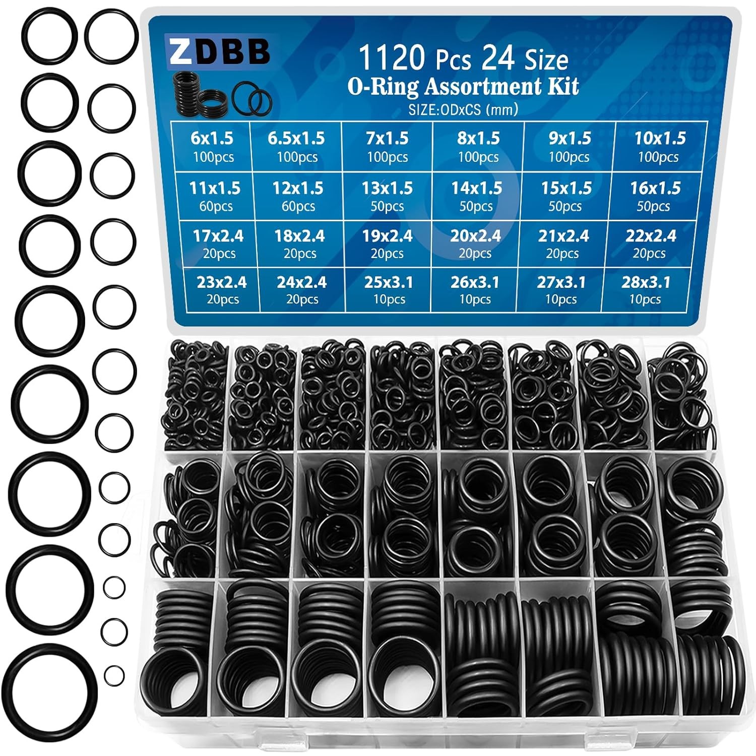 24 Size Rubber O Ring Set,1120 Pcs Black Small O Rings Assortment 