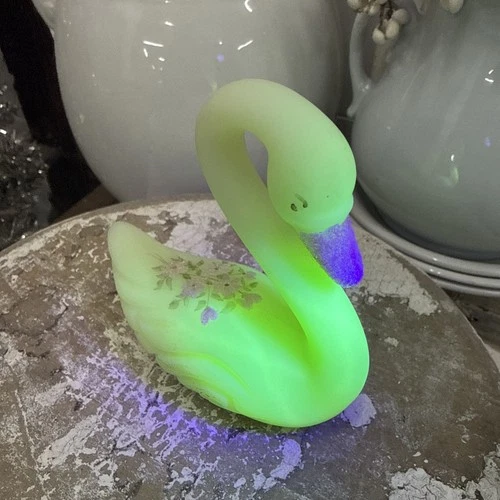 Fenton Art Glass Custard Uranium Satin Hand painted signed Swan