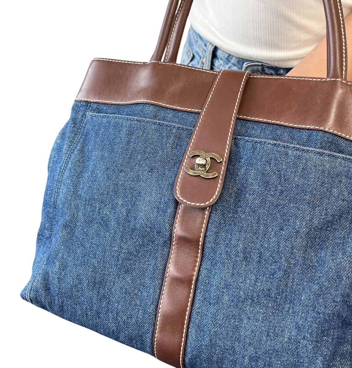 CHANEL Vintage CC Logo Denim Turnlock Tote Shoulder Bag Blue Brown