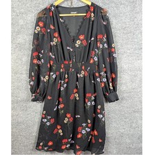 Express Black Butterfly Dragonfly Dress S Botanical Button Front Sheer Sleeves